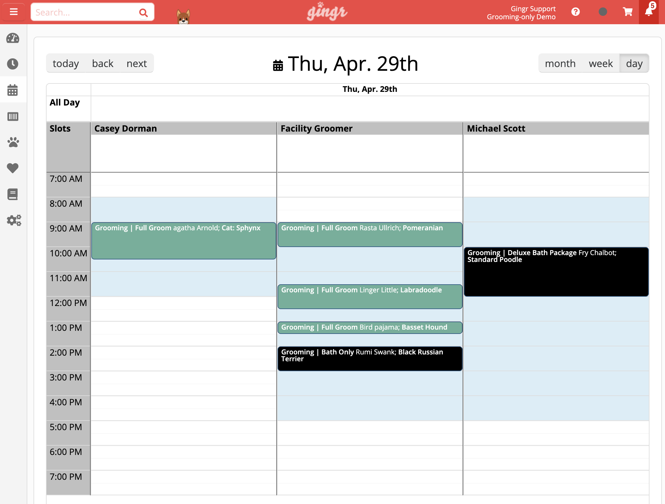 This is a screenshot of the facility calendar from Gingr’s dog grooming software which helps businesses block out appointments by groomer.